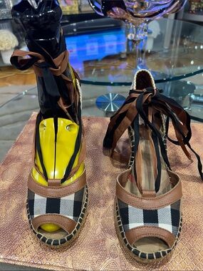 Burberry Black & Brown Plaid Espadrille Wedges with Ankle Ties